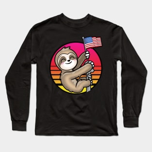 Kawaii Patriotic Sloth Holding USA Flag Retro Sun Long Sleeve T-Shirt